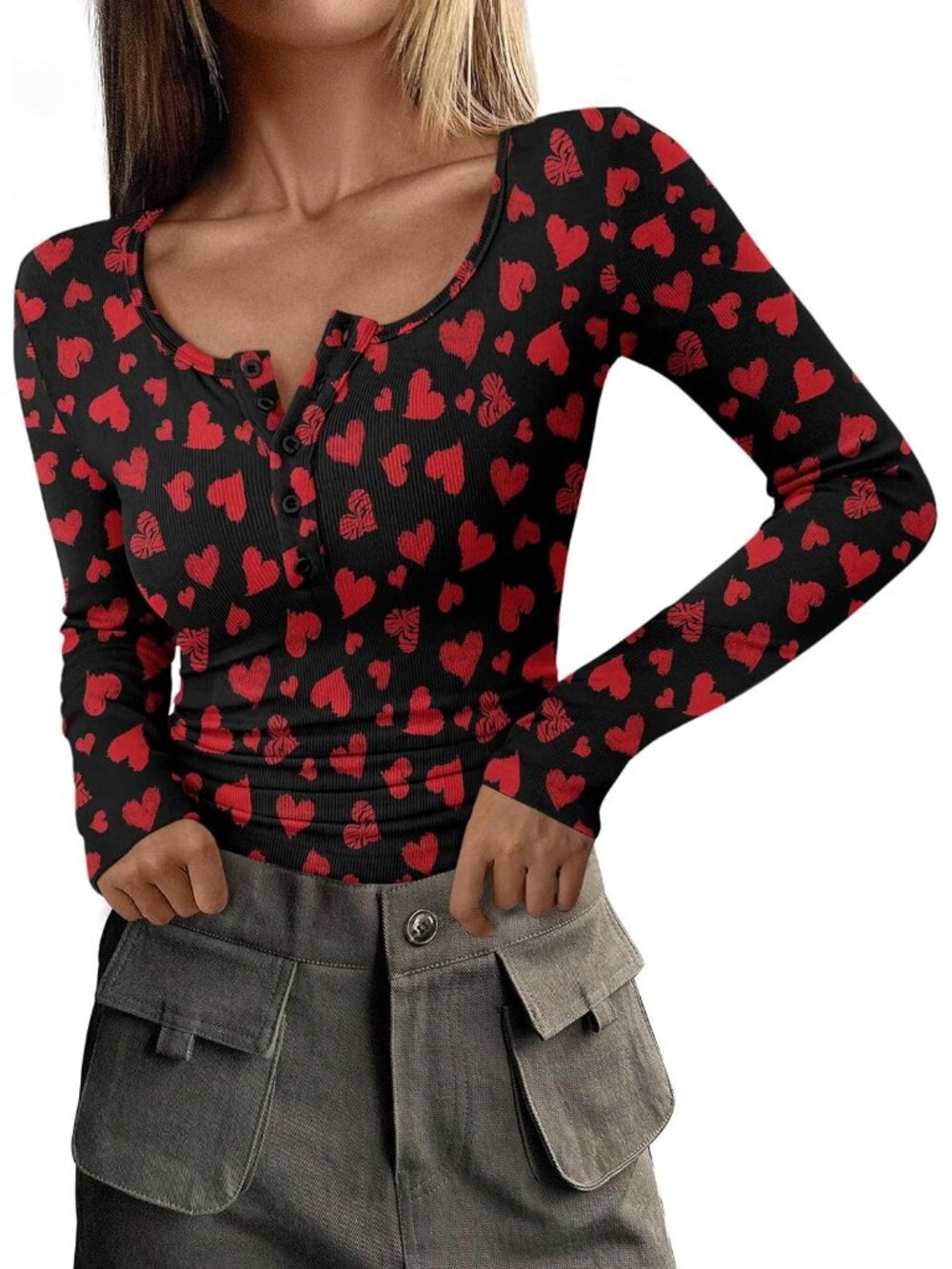 Women's Small Heart Ribbed Knit Long Sleeve Henley Button Basic Tee Layering Top